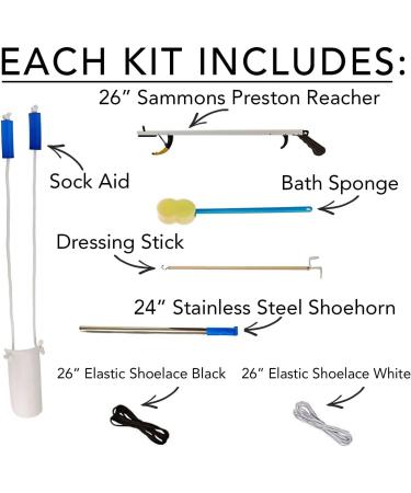 Sammons Preston - 49850 Hip Replacement Recovery Kit with Daily Living Tools - Sock Aid, Shoehorn, Reacher Tool, Bath Sponge, Dressing Stick, Shoelaces | 1-Pack - Buy Online on GoSupps.com