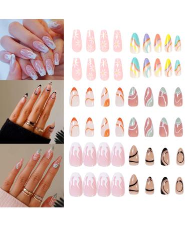 6 Packs (144 Pcs) Press on Nails Medium Design Almond Fake Nails with Adhesive Tabs Acrylic Nails for Women and Girls 6Pack