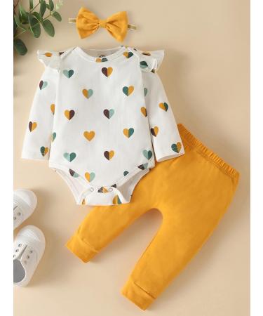 Koonde Baby Girl 3-Piece Outfit Set | Romper, Trouser & Headband | Cream Heart + Yellow | Newborn to 24 Months | 3-6 Months Size - Buy Online on GoSupps.com