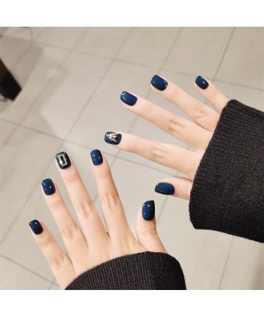 Press on Nails Short Fake Nails 24Pcs Shiny Blue False fingernail with Self-Adhesive Jelly Nail Glue Tabs Press On False Nails