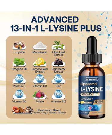 Liposomal L-lysine 1000MG Liquid Drops 13-in-1 Lysine Supplements Monolaurin Olive Leaf Extract with Vitamin C B6 D3 B12 & Zinc for Collagen Lip skin & Immune Support for Kids & Adults 2oz - Buy Online on GoSupps.com