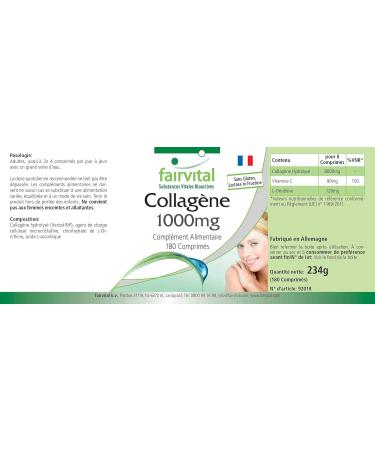 Fairvital | Collag ne - 8000 mg de collag ne par dose journali re - pendant 20 jours - dose lev e - 180 comprim s - avec Vitamine C et de la L-ornithine - Buy Online on GoSupps.com