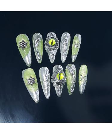 Dark long pointed handmade wearing armor with metal illusion long style nail patches that can be reused for nail enhancement (Size : XS)
