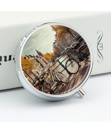 Round Pill Box with Amsterdam Bicycle Print | 3 Compartment Decorative Metal Pill Organizer | Portable Pocket Pill Case - Buy Online on GoSupps.com
