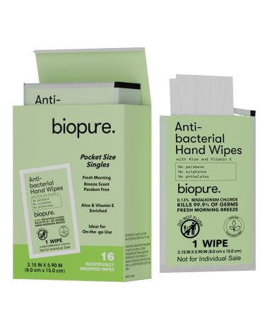 Individually Wrapped Antibacterial Hand Wipes| Fresh Morning Breeze- with Aloe + Vitamin E| Wet Wipes Singles| No Parabens sulfates or Phthalates Kills 99.9% of Germs (1-Pack 16) 16 Count (Pack of 1) 16.0
