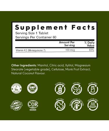 Nutrameltz Vitamin K2 100 mcg Vitamin K2 as MK7 Supplement for Strengthening Teeth Bones Promotes Heart Health Quick Dissolving Tablets for K2 Vitamin Deficiency Coconut Flavour (60 Tablets) - Buy Online on GoSupps.com
