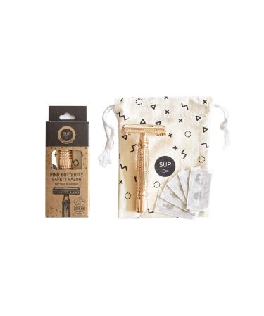 SUP classic metal razor double -edged reusable unisex environmentally friendly durable and easy to use including 5 replacement blades color: rose gold gilded pink