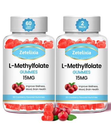 2 Pack L-Methylfolate 15mg & Methyl B12 Gummies Folate Supplement for Brain Health Mood & Immunity DNA Synthesis & Repair Sugar Free Vegan Cranberry Flavor 120 Count Cranberry 60 Count (Pack of 2)
