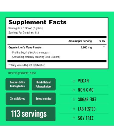 NutraChamps Organic Lions Mane Powder - 2000mg Powerful Nootropic for Memory, Focus, Immune Support - Vegan Lion s Mane Mushroom Powder Supplement with Naturally Occurring Beta-Glucans - 8oz - Buy Online on GoSupps.com