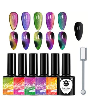 6 Colours Cat Eye UV Gel Nail Polish Set - 9D Cat Eye UV Gel Polish for Nail Art Cat Eye Gel Nail Polish - Glitter UV Gel Nail Polish with Magnetic Pen DIY Art Manicure