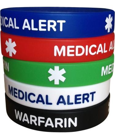 Warfarin Silicone Bracelets - Medical Alert Wristbands (5 Pack) for Men & Women - Adult Size 7.8" - International Shipping Available - Buy Online on GoSupps.com