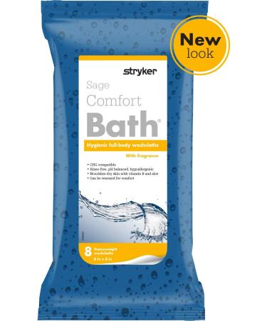 Stryker Sage Comfort Bath Cleansing Washcloths - 8 No-Rinse Bathing Wipes, Fresh Scent - Hypoallergenic & Ultra-Soft - Buy Online on GoSupps.com