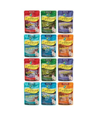 Earthborn Holistic Grain Free Wet Cat Food Pouches, 6 Flavors, 3-Ounces Each (12 Total Pouches)