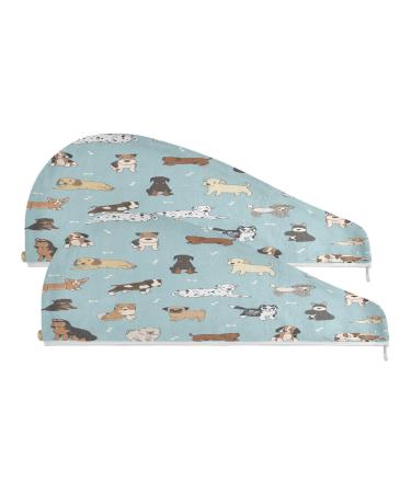 Cute Puppy Dry Hair Cap 2 Piece Quick Drying Towel Set with Button Headband Super Absorbent Soft & Comfortable