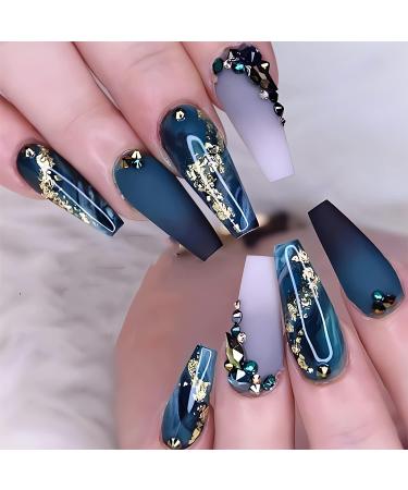 Long Press on Nails Navy Blue Coffin Fake Nails French Marble False Nails with Glitter Designs Rhinestones Glue on Nails Matte Stick on Nails Artificial Nails for Women 24Pcs Matte and Glossy Blue