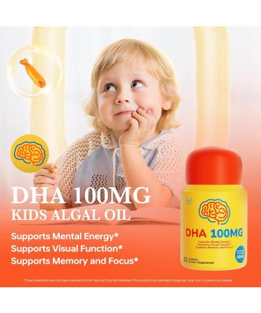 HUJ DHA 100mg - Kids DHA Supplemnent - Algal Oil - Contain DHA Phosphatidyserine & GABA - Supports Mental Energy Visual Function Memory and Focus* - 60 Softgels - Buy Online on GoSupps.com
