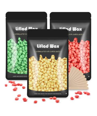 Liflad Wax Beads for Coarse Hair Removal Kit 3 Pack Depilatory Hard Wax Beans with Spatulas Wax Refills for Face Eyebrow Back Chest Bikini Areas Legs - Perfect Refill for Any Wax Warmer