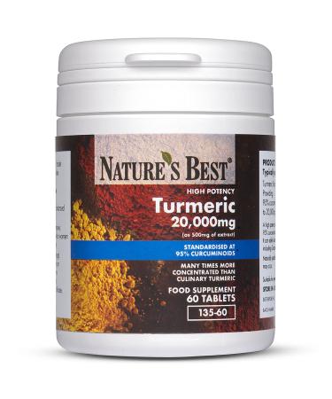 Turmeric Tablets 20 000mg (as 500mg of Extract) | High Strength 95% Curcumins | 60 Vegan Tablets 2 month's Supply | UK Made | One of The UKs Strongest and purest Turmeric Tablets