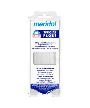 Meridol dental floss Special flowed 1 x 50 pieces - for cleaning further interdental spaces suitable for beams of bridges crowns and implants - Buy Online on GoSupps.com
