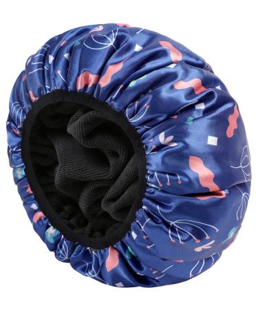 Terry Cloth Lined Shower Caps - YIZIJIZI Triple Layer Large Shower Cap for Women  Waterproof Reusable Shower Caps for Long Thick Hair  Washable Soft Bath Shower Caps for Hair Care (Blue) Blue - Flower & leaf
