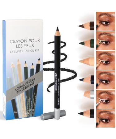 KARLOR Set of 6 eyeliner pencils black white nude brown blue green multi-functional waterproof long-lasting very fine