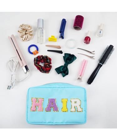 Nylon Waterproof Preppy Makeup Bag - Girls Chenille Letter Portable Travel Organizer for Toiletries and Cosmetics Storage (Blue Hair) - Patches Included - Buy Online on GoSupps.com