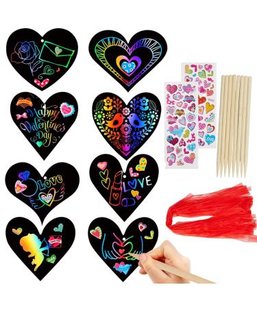 KIZZYEA Valentines Day Craft Kit for Kids 28 Packs Gifts Cards - Scratch Art Rainbow Scratch Heart Shape Hang Tags - Valentine Crafts & Art for Kids Classroom Gift Party Reward