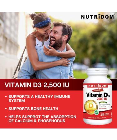 Nutridom Vitamin D3 2 500 IU (62.5mcg) 240 Softgels 8 Month Supply Non-GMO Gluten-Free Helps Support Immune Health Strong Bones and Teeth - Buy Online on GoSupps.com