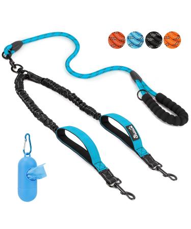 Slowton double linen for 2 dogs 360 rotatable reflective dog leash with two padded handles comfortable shock-damping walking training dog leash for small medium-sized dogs (3-16kg) 2 handles-m (3-16kg) blue