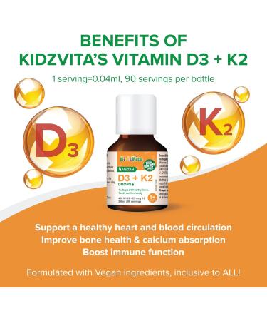 KidzVita - Organic Vegan Vitamin D3 & K2 Drops 400 IU - Support Healthy Bone Teeth and Immunity - Children s Multivitamin For 1 to 8 Years Old 3.6 ML 90 Servings - Buy Online on GoSupps.com