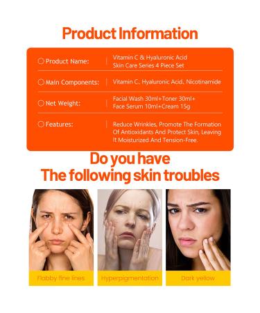 Vitamin C Organic Orange Extract Skin Care Set - Facial Wash Toner Serum & Cream (30ml+30ml+10ml+15g) | Hydrate Reduce Wrinkles & Moisturize - Buy Online on GoSupps.com
