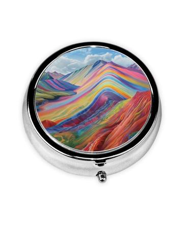 Colorful Mountains Portable Metal Pill Box Round Mini 3-Compartment Plastic Insert hinged Fastening Design Suitable for Small Pills Must-Have for Travel