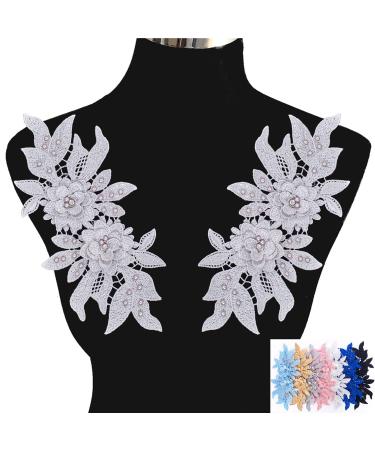 1 Pair 3D Lace Applique, Sew on Flower Bead Patches Embroidery Floral Motif Beaded Rhinestones Lace Trim Fabric Pearl Appliques for Sewing Wedding Bride Dress Veil Clothes Decoration (Silver)