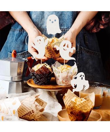 Pack of 24 Ghost Halloween Cupcake Toppers Glitter Ghost Cake Decoration for Happy Halloween Spooky Ghost Theme Party Cake Decoration Baby Shower Children Birthday Party Cake Decorations White Colour 19 - Buy Online on GoSupps.com