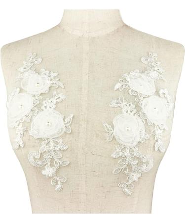White 3D Pearl Organza Embroidered Lace Flower Appliques - 1 Pair for Wedding Dress & Craft DIY - Buy Online on GoSupps.com