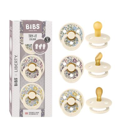 BIBS COLOUR LIBERTY TRY-IT: 3 pacifiers for the unique needs of your baby cherry shape nipple.Natural rubber/latex made in Denmark 0+ months (3 pack) Eloise
