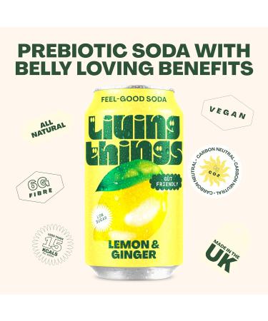 Living Things Prebiotic Soda - Gut Health Drink - Low Calorie High Fiber Lemon & Ginger - 12x330ml Cans - Buy Online on GoSupps.com