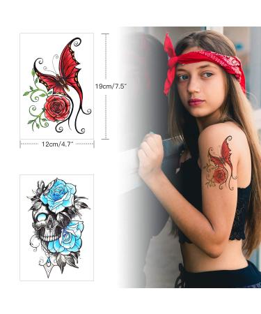 Qpout 15 Sheets Flower Temporary Tattoos for Women - Rose Skull Butterfly Designs | Arm & Shoulder Decor Stickers for Adults & Kids - Buy Online on GoSupps.com