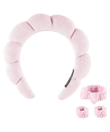 ENDLIS spa headband  microfiber wrist towels for washing face  Lovely bow hair band set of 3.suitable for women and girls For to wash face  skin care  beauty and shower (Pink)