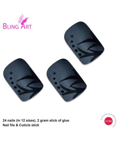 Shop Bling Art Black Leaf Matte French Squoval False Nails - 24 Stylish Fake Nail Tips for Perfect Manicure - Buy Online on GoSupps.com