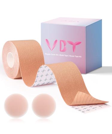 VBT Boob Tape - Breast Lift Tape, Body Tape for Breast Lift w 2 Pcs Silicone Breast Reusable Adhesive Bra, Bob Tape for Large Breasts A-G Cup, Nude Beige 2 inch