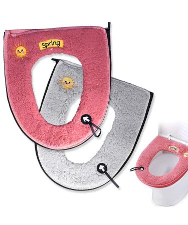 2PCS Warm Plush Toilet Seat Cover Pad with Handle and Zipper Washable and Reusable (Pink+Gray)