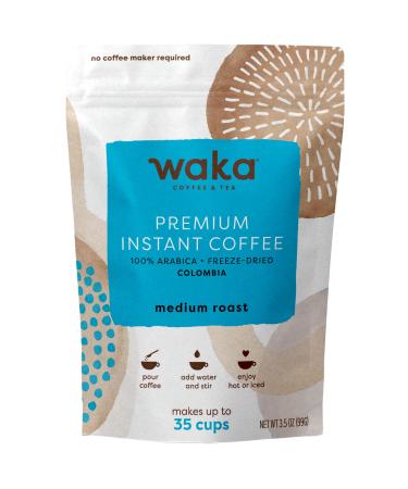 Waka Instant Coffee Medium Roast - 100% Arabica Colombian Beans Freeze Dried Granules No Sugar or Additives - Bulk Bag for Quick Hot and Iced Coffees Up to 35 Cups (3.5oz) Medium Roast 3.5 Ounces