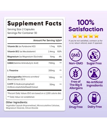 1050mg GABA L-Theanine Ashwagandha - Made in USA - Advanced Sleep Aid & Calm- Magnesium, 5-HTP, Vitamin B6 & B12, GABA (Gamma Aminobutyric Acid) Supplement - Melatonin-Free & Non-Habit Forming 60 Count (Pack of 1) - Buy Online on GoSupps.com