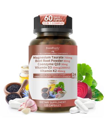 Magnesium Taurate Capsules, 12-in-1 Complex - Beet Root, CoQ10, Resveratrol for Heart Support, Immue Support, High Absorption Magnesium Taurate Complex Supplement for Men and Women, 120 Capsules 120 Count (Pack of 1)