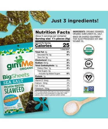 gimMe Organic Sea Salt Roasted Seaweed Sheets - Keto, Vegan & Gluten-Free Snack - 10 Pack (0.92 oz) - Healthy Iodine & Omega 3 Source - Buy Online on GoSupps.com