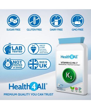Health4All Vitamin K2 MK7 200mcg 180 Tablets - Vegan Natural K2 from Natto Beans Fermentation - High Strength K2MK7 Supplements - 180 Count Pack - Buy Online on GoSupps.com
