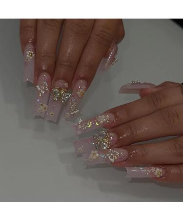 Buy BABALAL Square Press on Nails - Long Pink Glue on 3D Butterfly Flower Charm Acrylic Nails - 24Pcs Glitter Squoval Manicure for Women & Girls - Buy Online on GoSupps.com