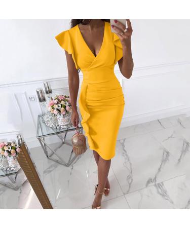 Briskorry V-Neck Floral Knee-Length Business Dress - Elegant Summer Party Dress for Women with Ruffled Hems & Moored Sleeves - Buy Online on GoSupps.com