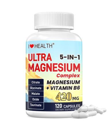 Magnesium Supplement - 5 in 1 Complex 420mg + Vitamin B6 30mg Glycinate Citrate Malate Taurate Oxide - Made in USA - Support Heart Bone Sleep & Muscle Health - 120 Capsules 2 Month Supply